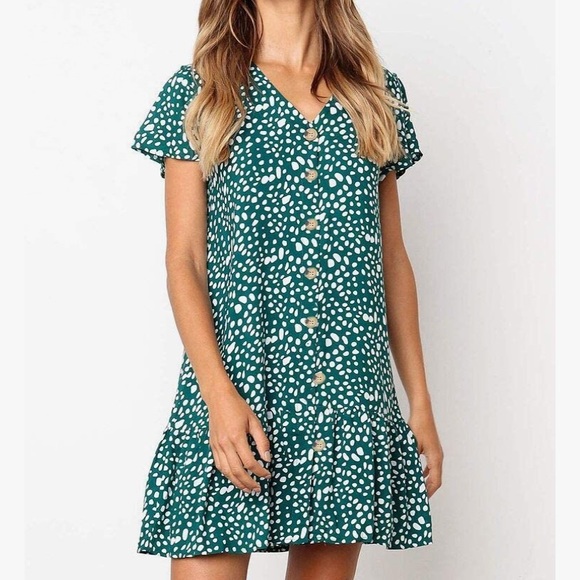 Green and White Short Sleeve Patterned Ruffle Mini Dress - Picture 1 of 11